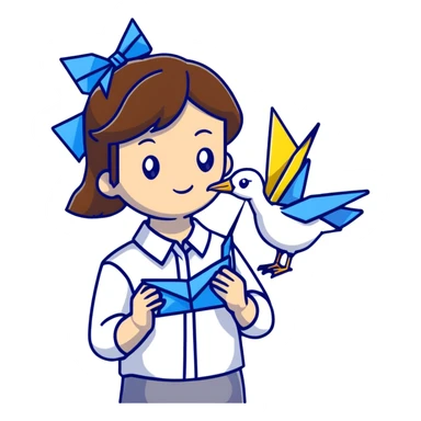 Ukrainian young girl with brown hair wearing a white embroidered shirt holds an origami yellow-blue crane sticker