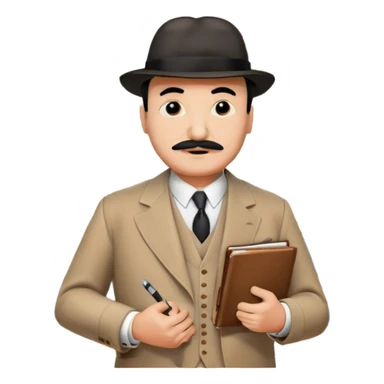 A cinematic-style frame showing Hercule Poirot in his iconic suit with a notebook in a dramatic detective pose. Background should be mysterious city, map, a board with photos of suspects, clues like fingerprints. Transparent background. sticker