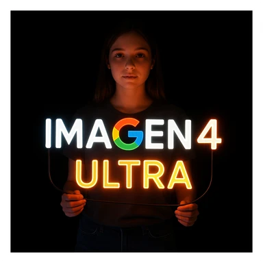 make a girl holding this sign, but sign in made of neon, also add ultra below the sign sticker