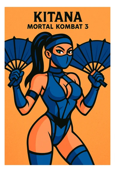 Kitana from Mortal Kombat 3, vibrant cartoon style, blue costume, mask, open fans, confident attitude sticker