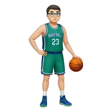 Full Body plus size white male with dark short hair basketball player wearing glasses wearing blue green uniform sticker