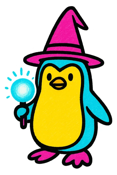a penguin wizard wearing a pointed hat and holding a glowing orb, vibrant colorful style sticker