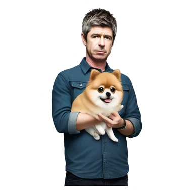 Noel Gallagher holding a pomeranian sticker