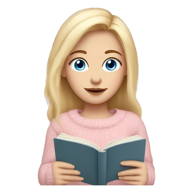 Pretty blue eyed white girl with light pink sweater reading cozy sticker
