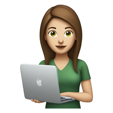 Web designer carrying a computer in her hands. white woman with medium-length brown hair, green eyes and freckles on her nose. sticker