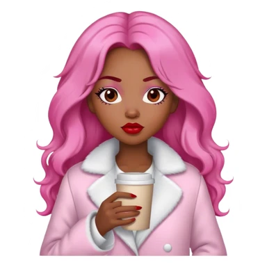 A black woman with a coat white a pijama pink, long Burnet Hair, coffe eyes, red lips  sticker