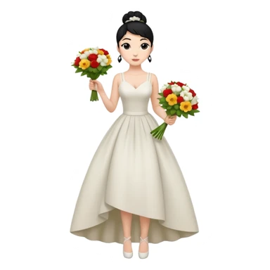 Chica blanca,cuerpo entero, vestido boda asimétrico tirantes , pelo negro,    ramo de flores , pelo recogido en moño alto sticker