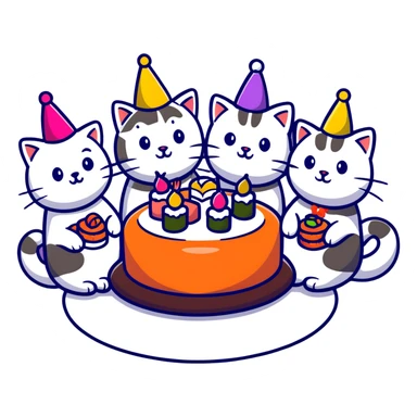six different cats arranged in a circle, celebrating with party hats, each cat holding a piece of sushi, birthday cake in the center sticker