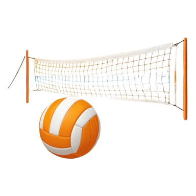 A volleyball resting on the sand on a beach, with the net in the background and a scenic view of the ocean and sky. The scene captures the relaxed yet competitive vibe of beach volleyball, with warm sunlight and the natural beauty of the beach. sticker
