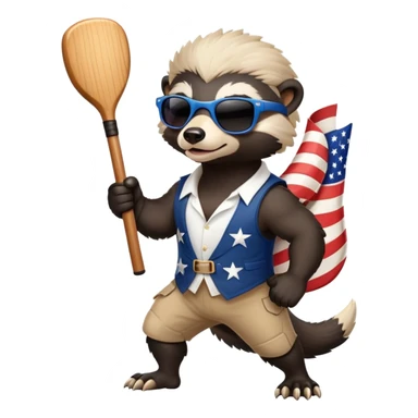 friendly anthropomorphised honey badger in USA Independence Day outfit, wearing sunglasses, carrying a club, dynamic pose sticker
