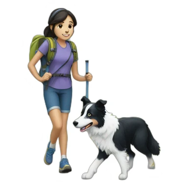 A girl hiking with a adult Blue and white border collie sticker
