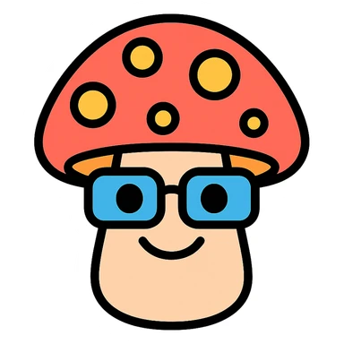 colorful icon of a mushroom with glasses and a smile sticker