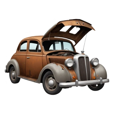 Side view of a broken-down old car with steam from the open bonnet, shattered windows, rusted doors, a flat tire, dents, peeling paint, and a grimy, neglected look. sticker