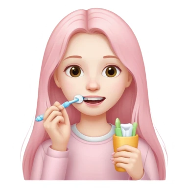 A girl with long hair in pale pink clothes brushes her teeth sticker