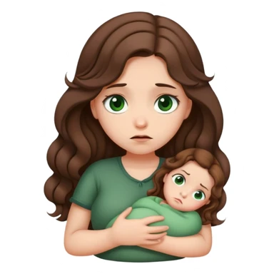 Sad Girl with curled brown long length hair and dark green eyes with belly ache sticker