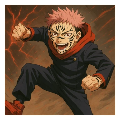 Add Sukuna's facial markings and extra eyes to the Jujutsu Kaisen character in the image. Keep the anime style and dynamic pose as shown in the reference. sticker