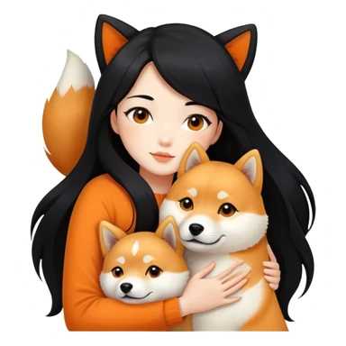 A beautiful girl with long black hair hugs a Shiba Lnu sticker