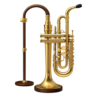 Create an elegant and atmospheric emoji representing jazz vocal performance. In the foreground, feature a vintage jazz microphone on a stand, with intricate details and a classic design. Behind it, place a grand jazz piano, with a sleek, polished finish, and on top of the piano, add a trumpet (Selmer Model 19 balanced action) resting gently. The design should evoke a sense of timeless jazz music, with flowing musical notes or subtle sound waves in the background. Use rich colors like gold, black, deep wood tones, and brass to highlight the vintage, high-quality instruments. The background should be transparent. sticker