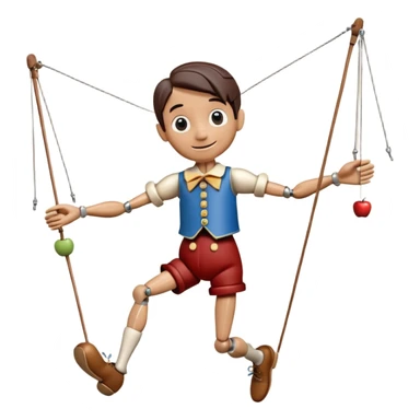 3D render of Pinocchio Boy as a wooden marionette puppet, Long nose, wood grain skin, strings, silver metal screw joints at elbows and knees, polished brown wood texture, rigid toy pose, Apple emoji style, isolated on white background --v 6.0. sticker
