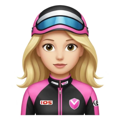 blonde long hair woman with black racing outfit with pink strips sticker