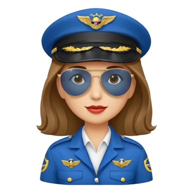 pilote d'avion femme cheveux brun clair avec sunglasses et chapeau de pilote et uniforme bleu sticker