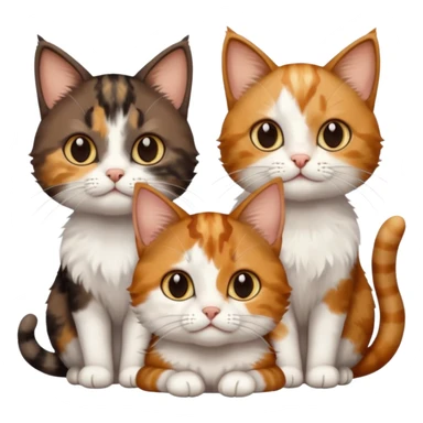 3 different coloured small cats including a dark brown tabby and white, and a patchy calico, and a ginger and white sticker