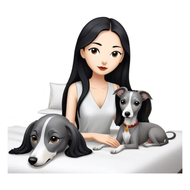 Very thin Chinese woman with long black hair relaxing in a luxurious hotel suite with exactly ONE whippet dog. EXTREME IMPORTANCE: the whippet must be ONE SOLID VERY DARK CHARCOAL GREY COLOR from nose to tail with ABSOLUTELY NO WHITE MARKINGS anywhere - NO white on face, NO white on muzzle, NO white on chest, NO white on paws, NO white on tail - NOTHING BUT A SINGLE SHADE OF VERY DARK GREY throughout the entire animal sticker