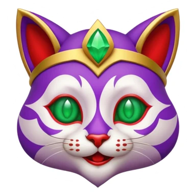 crazy colorful cute little cat jolly joker from poker, medieval, vintage, court jester, mac os icon, purple, gold and red color, half body, emerald green ice eyes. Squared shape as 3D mac os icon, symmetrical sticker