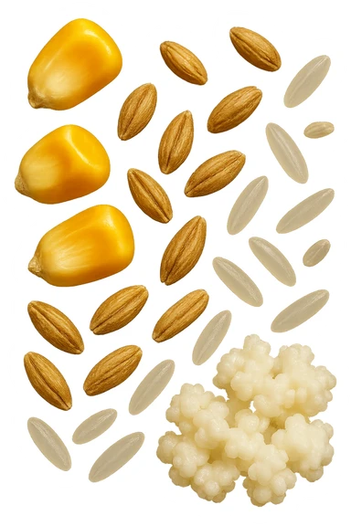 MAIS, FARRO, RISO, KEFIR FLUTTUANO IN ARIA, IPERREALISTICO 4K sticker