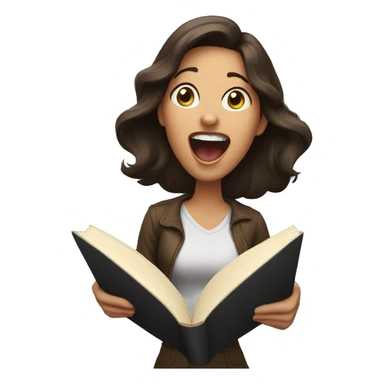brunette woman screaming while holding and reading book sticker