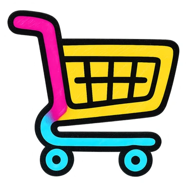 Create a cartoon shopping cart in the same style as the referenced present: bold outlines, vibrant colors, playful and shiny appearance, no text, transparent background. sticker