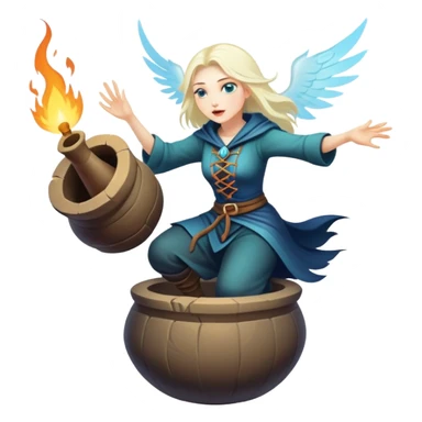 Baba Yaga sorceress woman flying in a mortar, magical aura sticker