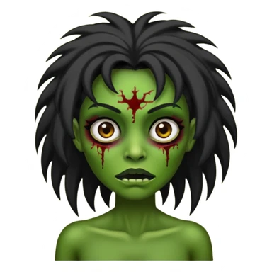 Faça uma zombie verde mulher com cabelos preto, liso e longo de olhos castanhos sticker