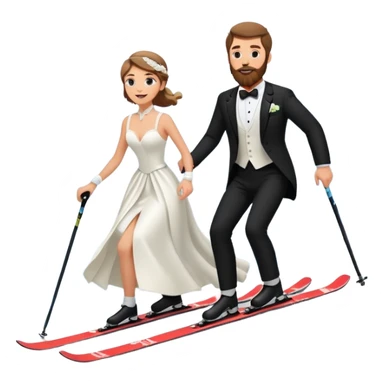 a couple skiing, man with a beard in a tux and woman in a wedding dress on their skiis going down a slope sticker