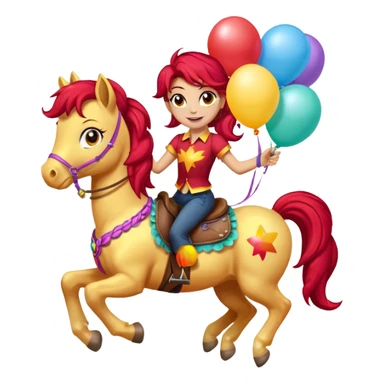 sunset shimmer mlp holding colorful balloons tied to its saddle, looking cheerful. sticker