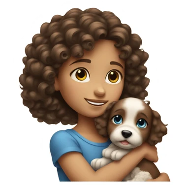 Little brunette girl with curly hair and blue eyes hugging a small puppy sticker