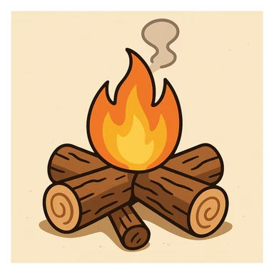 three-log campfire, visible flames, thin stream of smoke, straightforward style, minimal and clear sticker