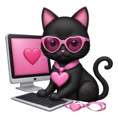 Black cat with pink ribbon and sunglasses doing pink computer with pink heart sticker