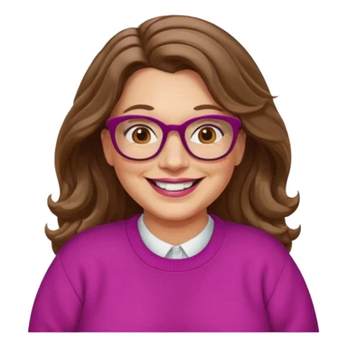 50 yr Caucasian woman, long brown hair parted on side, brown eyes, brown glasses, big smile, white teeth, fuscia sweater, chubby, wavy hair sticker