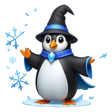 penguin wizard casting an ice spell with snowflakes and frost sticker