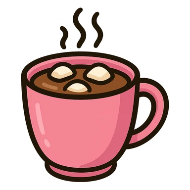 hot chocolate in a pink cup, vibrant colors, cartoon style sticker