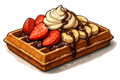 В слегка рисованном, но при этом ярком и объемном стиле с четкими линиями составь фотореалистичную композицию, где горизонтально лежит классическая брюссельская вафля с нарезанной клубникой и бананом, сливочными кремом, политая шоколадом и посыпанная сахарной пудрой, профессиональный свет, подчеркивающий объем, сделай картинку более широкой, прозрачный фон sticker