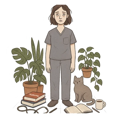tall tired-looking woman with medium build, brown shoulder-length hair, pale skin, gray eyes, surrounded by house plants, a cat, nursing and study items sticker
