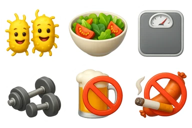 emoji stile iphone di: due batteri intestinali felici, una bowl di insalata, una bilancia pesapersone, manubri da palestra, e un boccale di birra con divieto 3d sopra, una sigaretta con divieto 3d sopra e un wurstel con divieto 3d sopra, fluttuano in aria, iperrealistico 4k sticker
