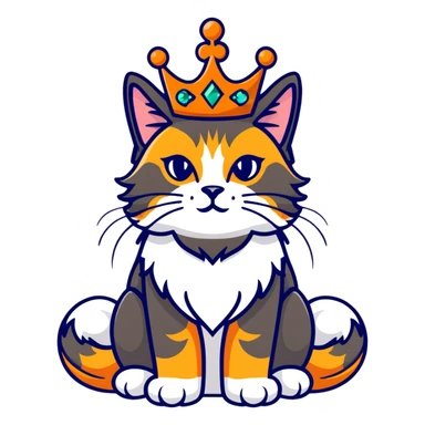 regal calico maine coon cat with orange, black and white fur wearing a jeweled crown sticker