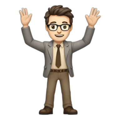 To belt Actively gesturing with hands Okay Pale skinned fit man with dark brown hair in gray jacket, beige office shirt, brown tie, brown pants and vintage glasses. sticker