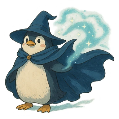ghibli style penguin wizard with flowing cape and magical aura sticker