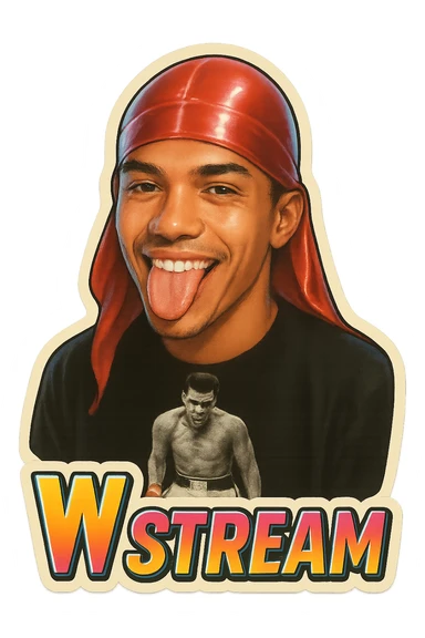 Make him Smiling with tongue sticking 
Change His durag To Red
Add the words W Stream sticker