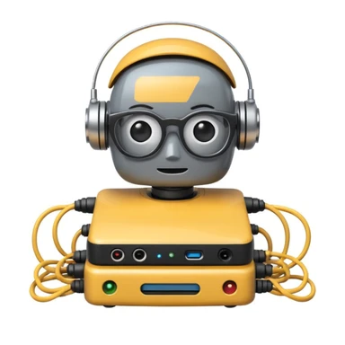 cute robot emoji profile picture with glasses, surrounded by network cables and routers, white background sticker