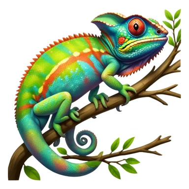 Giant Chameleon blending into natural surroundings, perched on a branch. Its vibrant colors shift with the environment. Lush greenery, branches, and soft sunlight create a peaceful, nature-filled background. Transparent background, showcasing the chameleon's colorful, textured skin. sticker